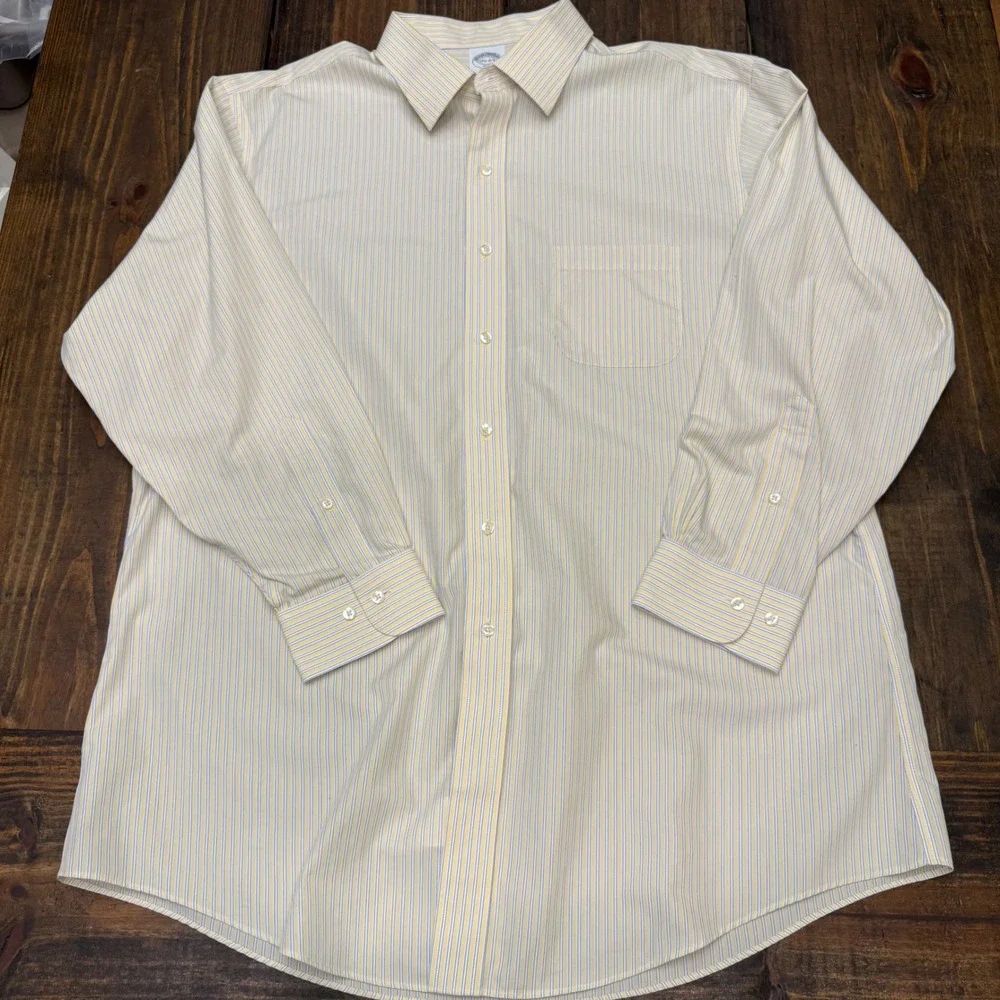 Brooks Brothers 1818 Regent Shirt Mens‎ 17.5 32/33 Yellow Blue Stripe Non-Iron